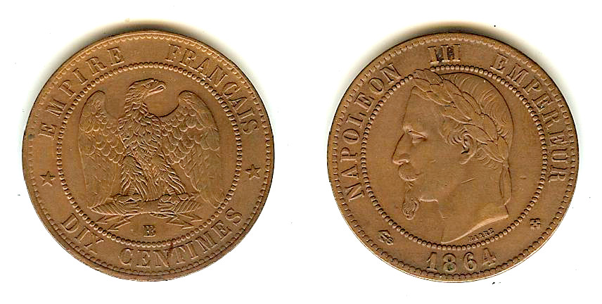 Dix centimes Napoléon III, tête laurée 1864 Strasbourg TTB+ à SU